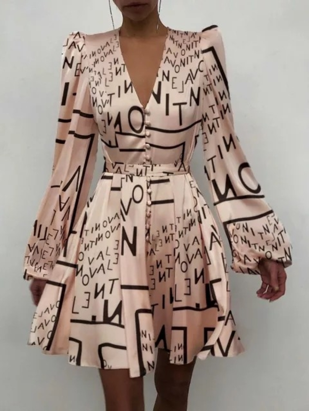 Women's Pink Printed V-Neck Button Front Dress